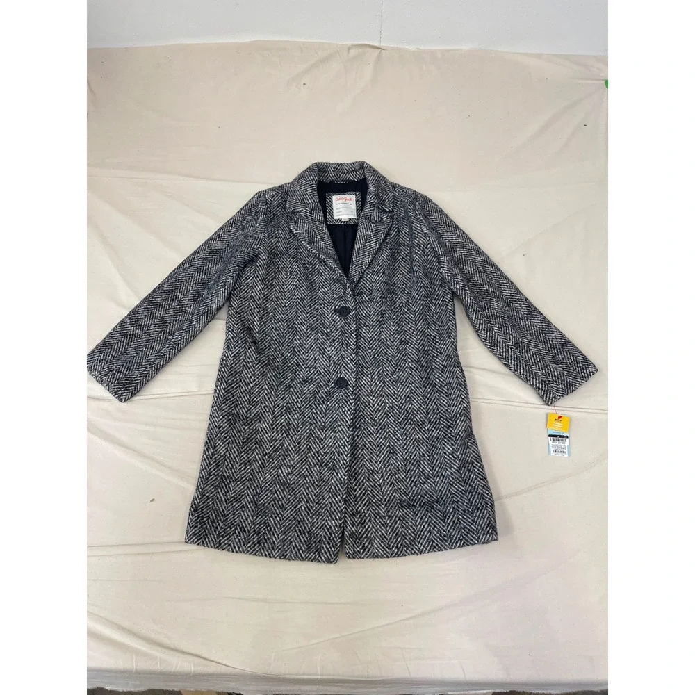 Cat & Jack Girls Long Herringbone Coat Black & Cream Size XL NWT